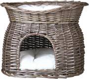 Niche en osier gris pour chat avec panier au-dessus dôme double couchette