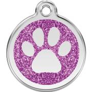 Médaille violet motif patte avec paillettes pour chien et chat