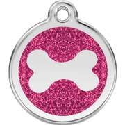 Médaille à paillettes rose bonbon motif os pour chien