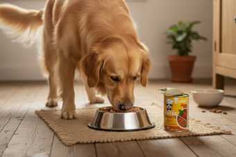 Golden retriever mangeant dans une gamelle en inox, à côté d'une boîte de pâtée Gustav ouverte