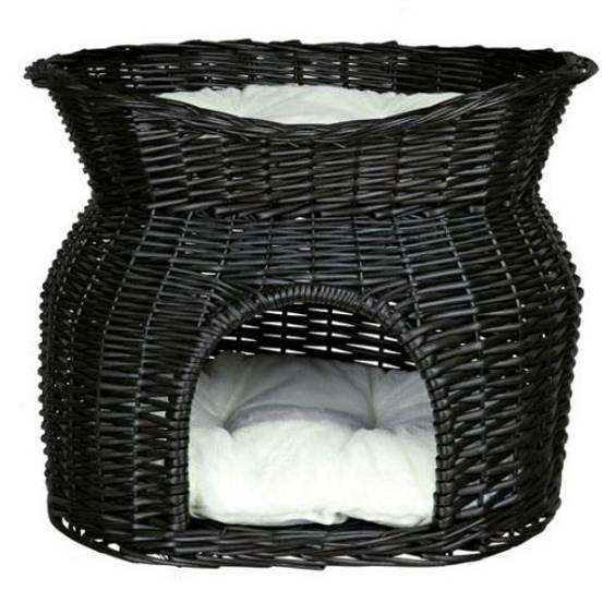 Panier en osier pour chat avec niche, dôme double couchette noir