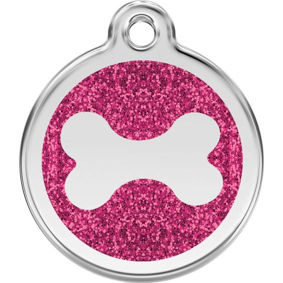 Médaille à paillettes rose bonbon motif os pour chien
