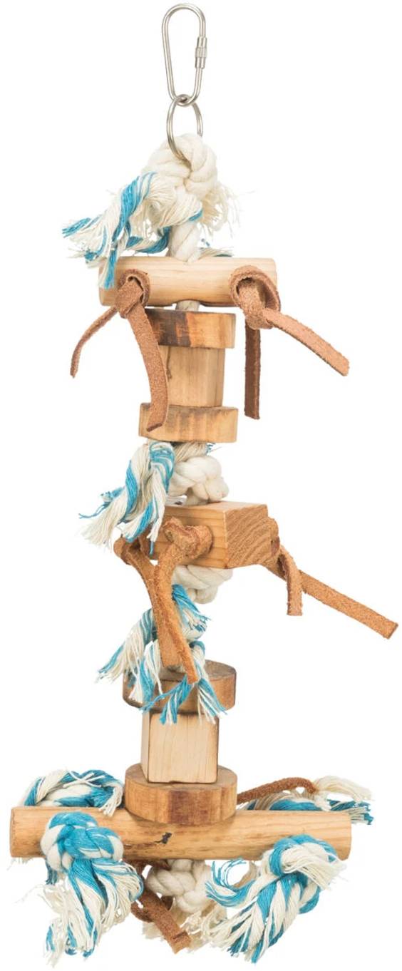 Jouet oiseau en bois flammé sur corde 35 cm