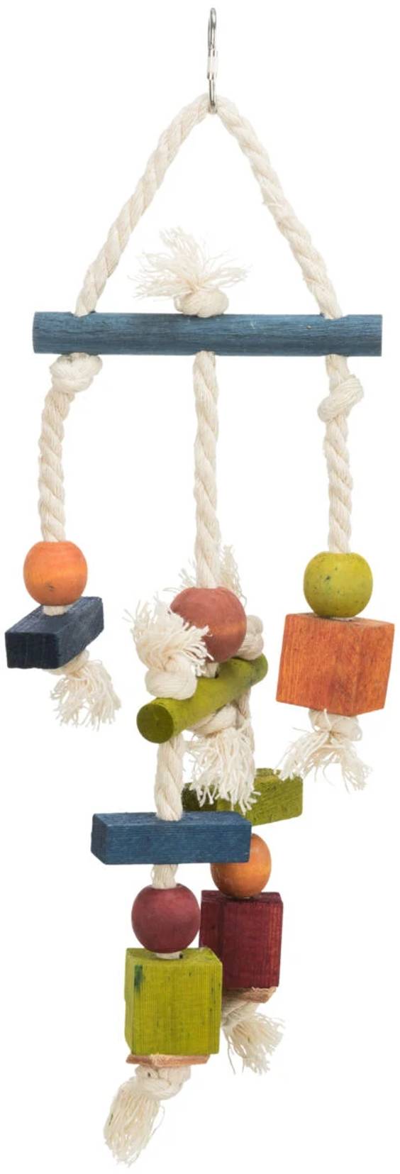 Jouet oiseau bois coloré sur corde 24cm