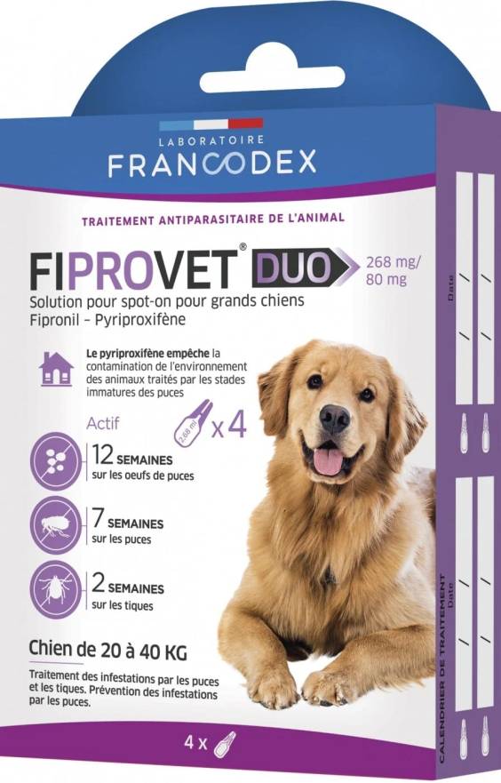 Fiprovet Duo pipettes chien moyen 10 à 20 kg 4 x 1,34 ml Francodex