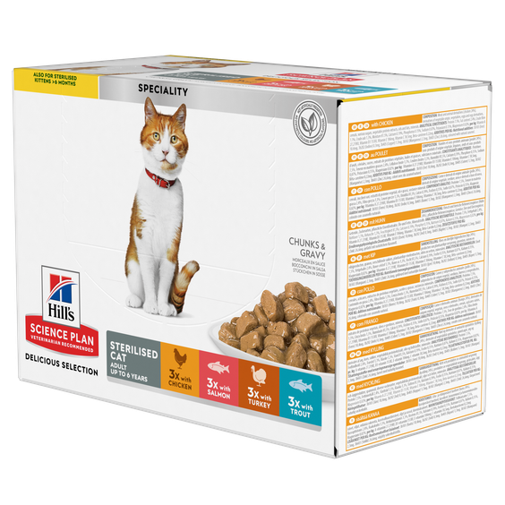 HILL'S Science Plan Sterilised Cat multipack pour chat adulte stérilisé (poulet, saumon, truite, dinde)