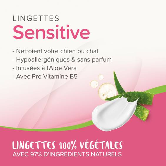 Lingettes nettoyantes sensitives hypoallergéniques Aloé Vera pour chien et chat Beaphar